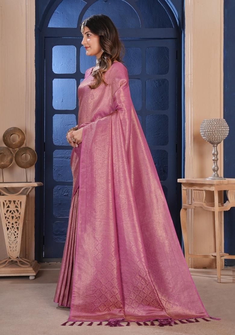 Light Pink Zari Work Silk Saree Set - Indya