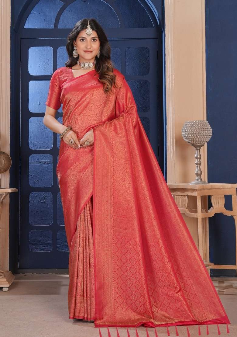 Red Silk Blend Saree Set with Zari Work for Diwali | Wedding & Festive Wear - Indya
