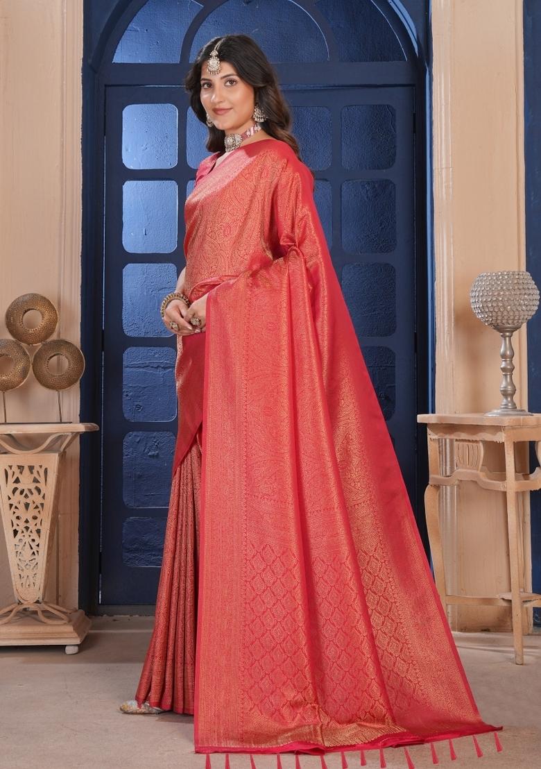 Red Zari Work Silk Saree Set - Indya