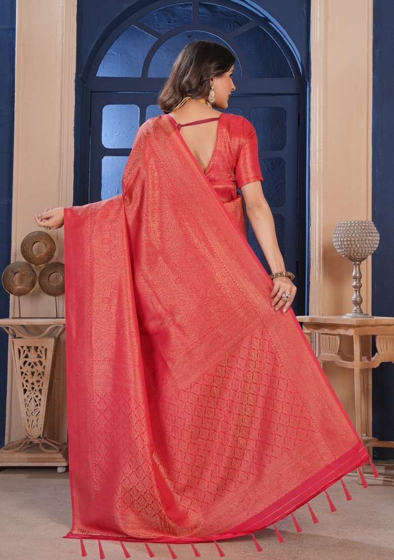Red Silk Blend Saree Set with Zari Work for Diwali | Wedding & Festive Wear - Indya
