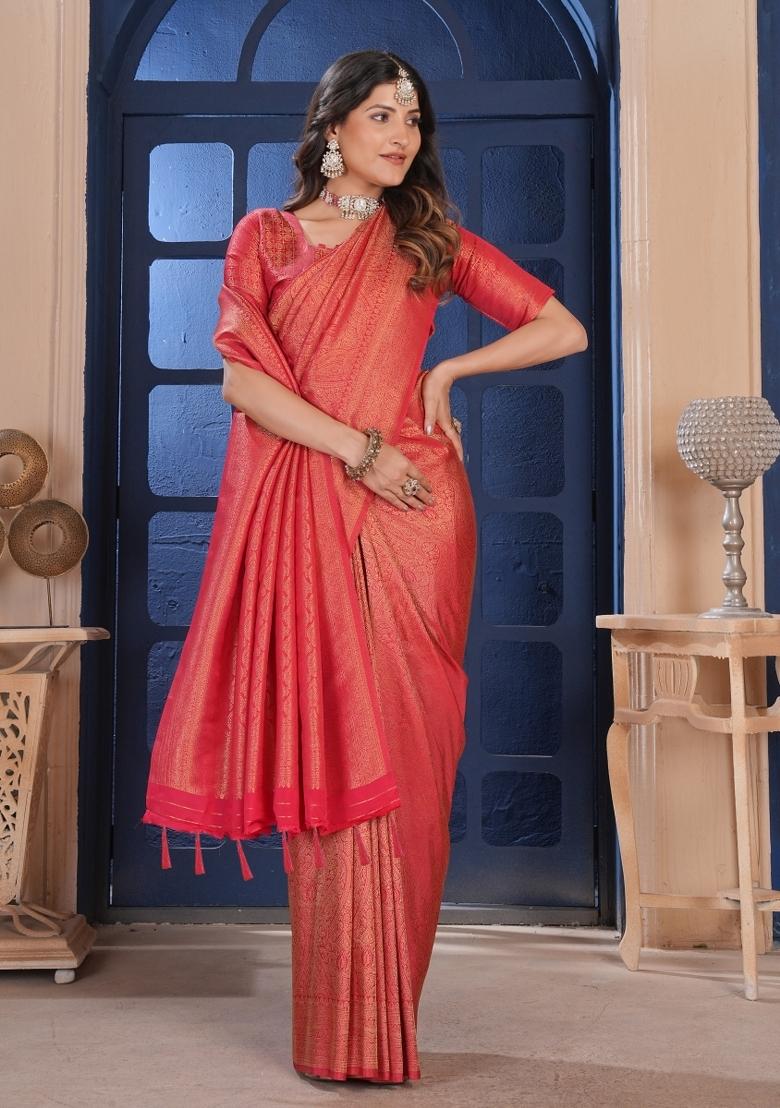 Red Zari Work Silk Saree Set - Indya