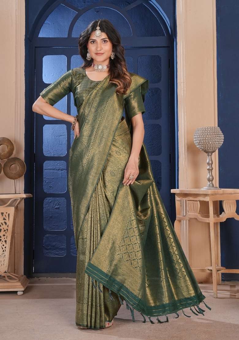 Green Silk Blend Saree Set with Zari Work for Diwali | Wedding & Festive Wear - Indya