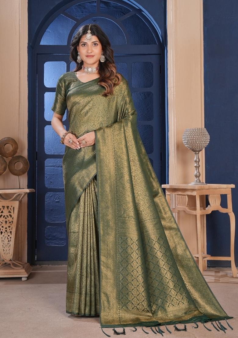 Green Zari Work Silk Saree Set - Indya