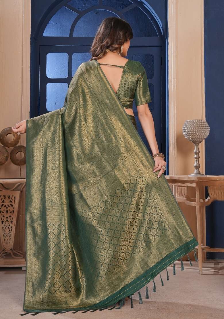 Green Silk Blend Saree Set with Zari Work for Diwali | Wedding & Festive Wear - Indya