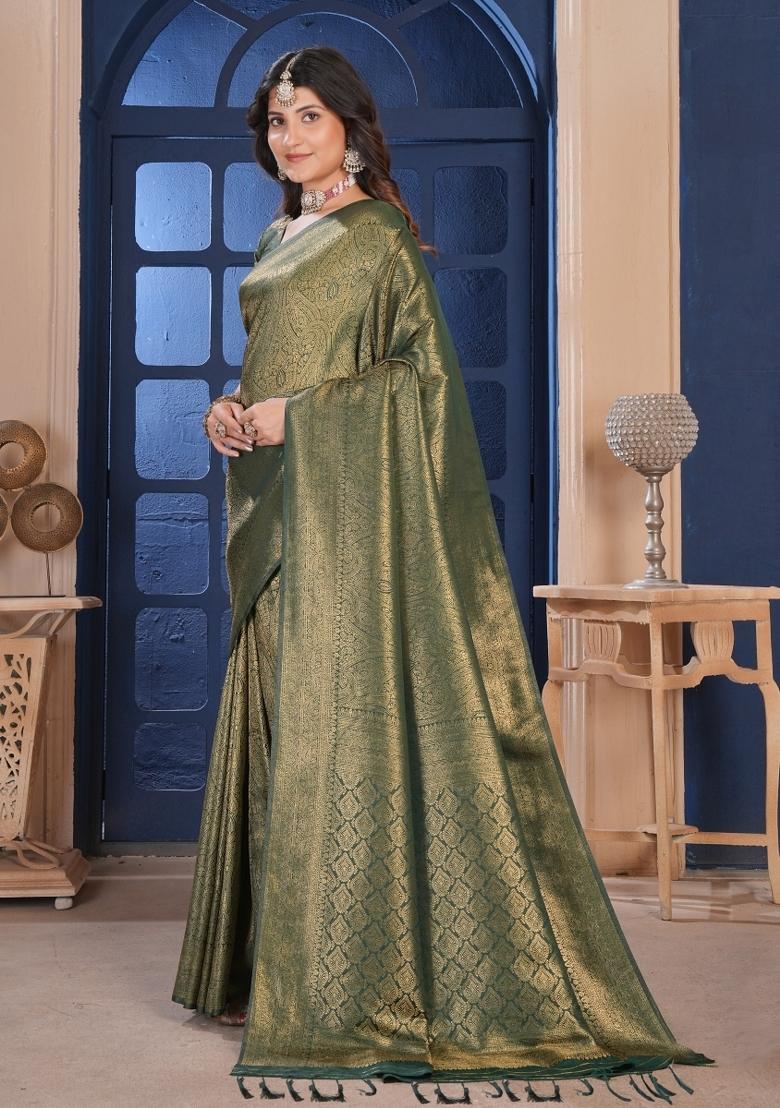 Green Zari Work Silk Saree Set - Indya