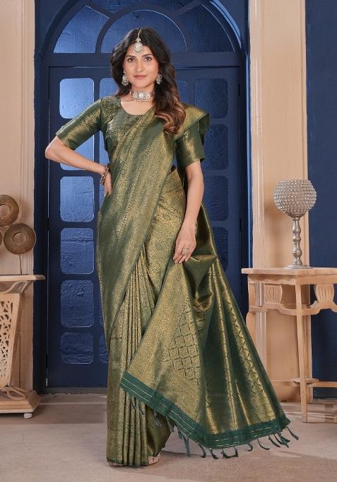 Green Zari Work Silk Blend Saree Set