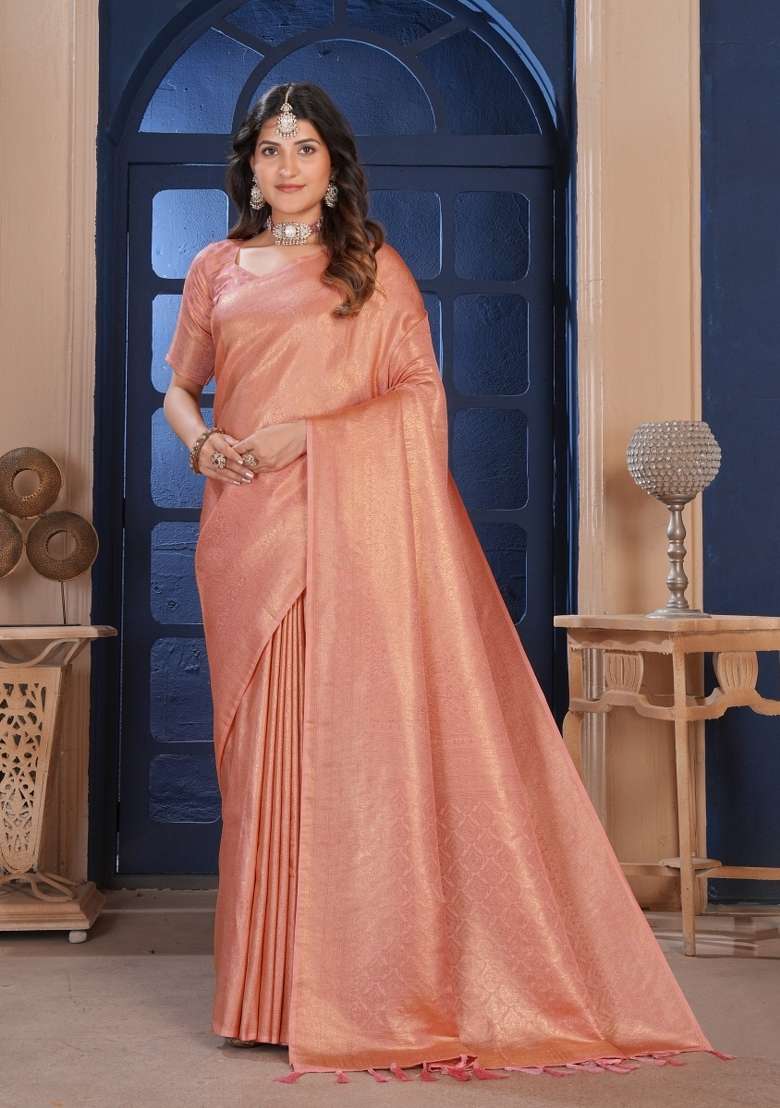 Peach Zari Work Silk Blend Saree Set for Diwali and Festive Wear - Indya