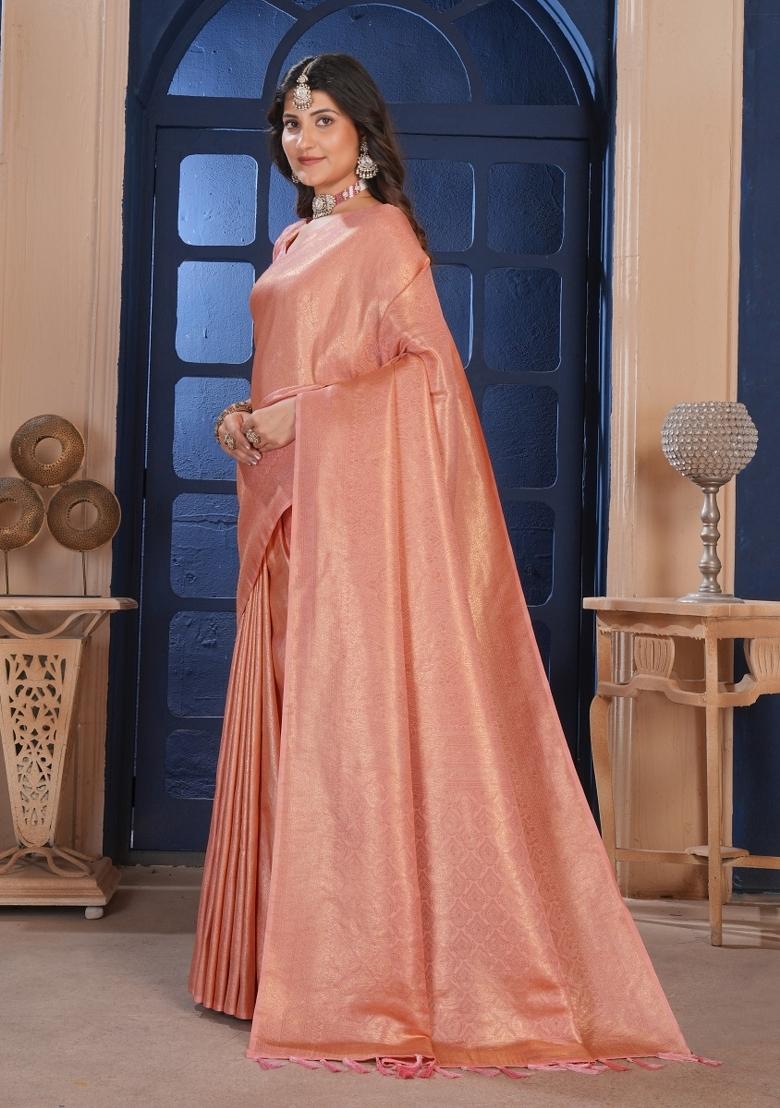 Peach Zari Work Silk Saree Set - Indya
