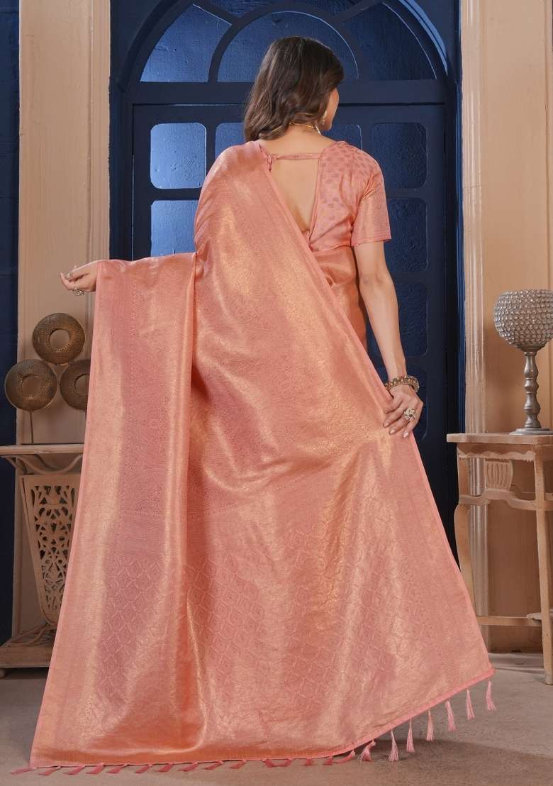 Peach Zari Work Silk Blend Saree Set for Diwali and Festive Wear - Indya