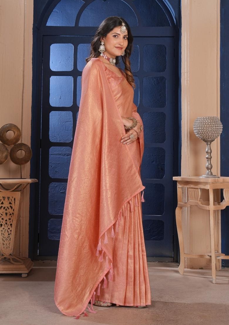 Peach Zari Work Silk Saree Set - Indya