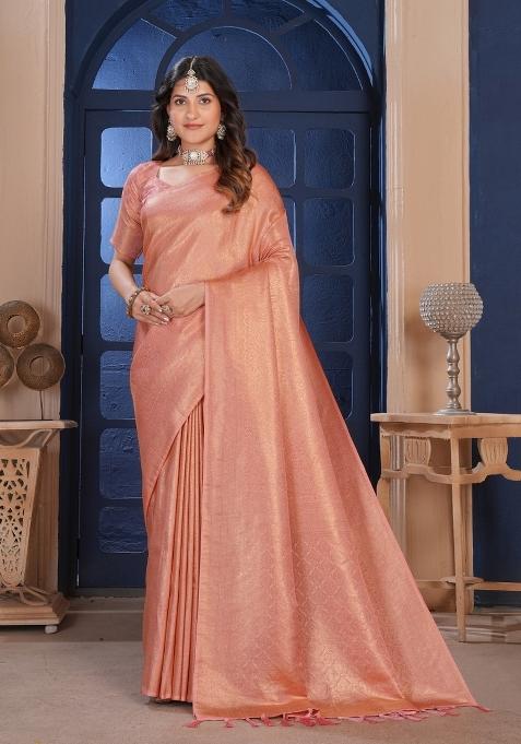 Peach Zari Work Silk Blend Saree Set