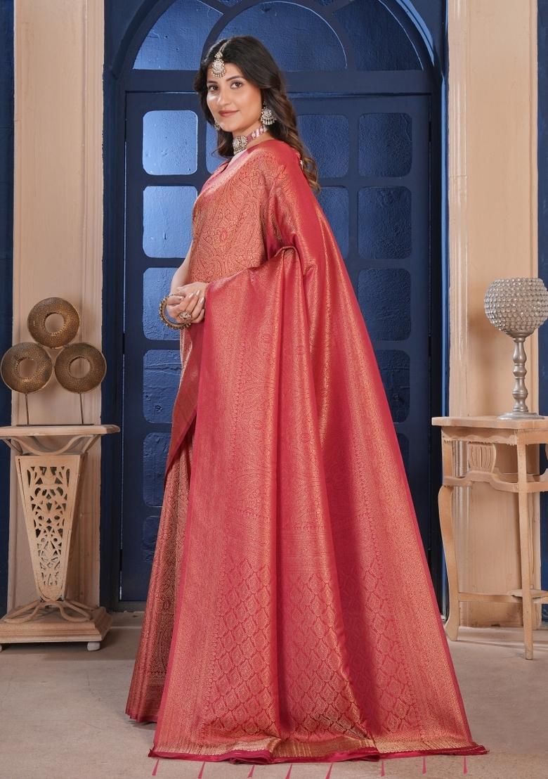 Maroon Zari Work Silk Saree Set - Indya