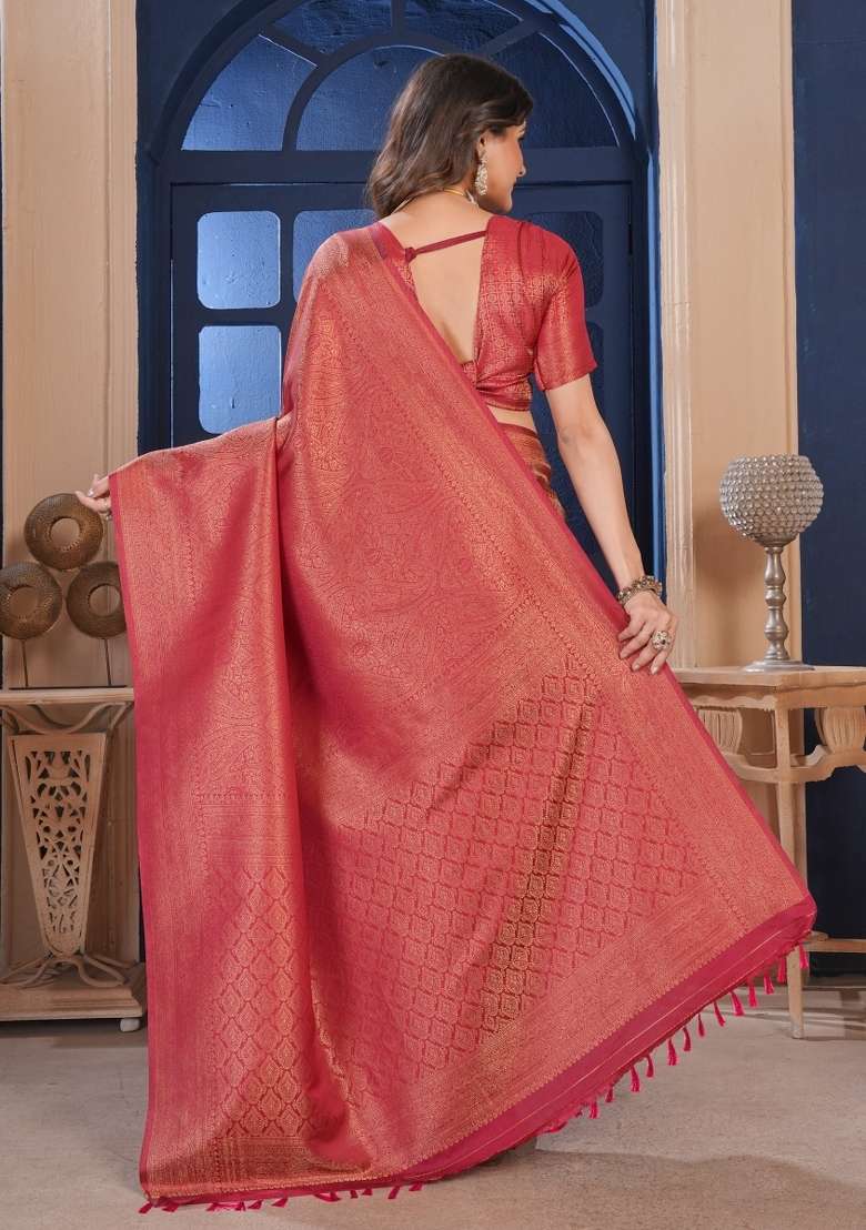 Maroon Zari Work Silk Blend Saree Set for Diwali and Festive Wear - Indya