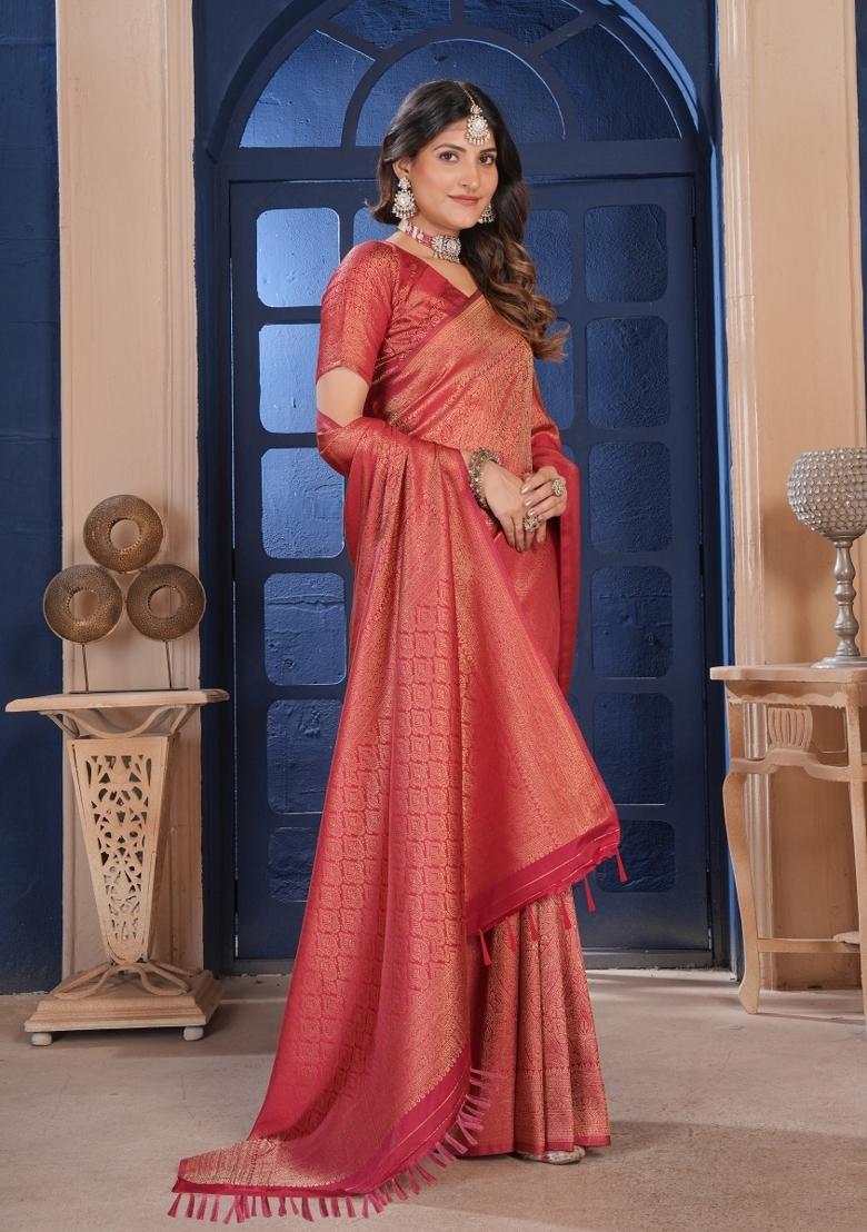 Maroon Zari Work Silk Saree Set - Indya