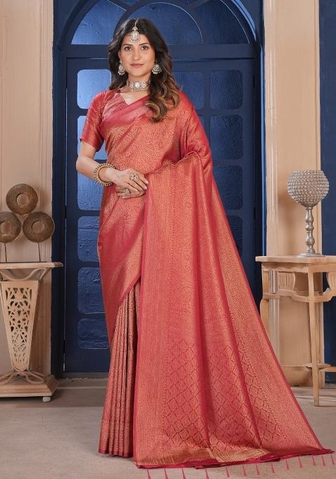 Maroon Zari Work Silk Blend Saree Set