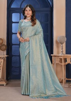 Sky Blue Zari Work Silk Saree Set