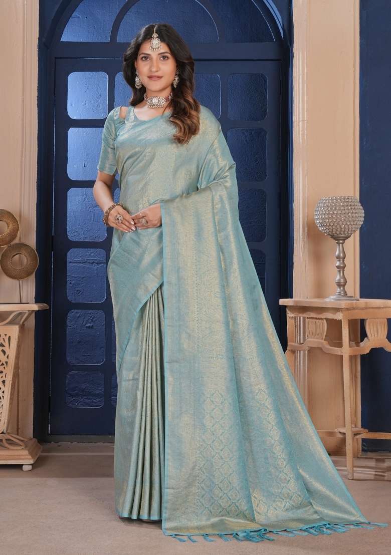 Sky Blue Silk Blend Saree Set with Zari Work for Diwali | Wedding & Festive Wear - Indya