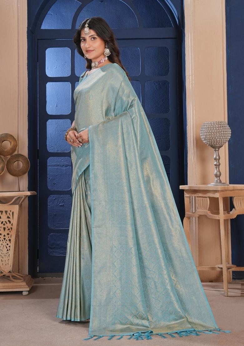 Sky Blue Zari Work Silk Saree Set - Indya