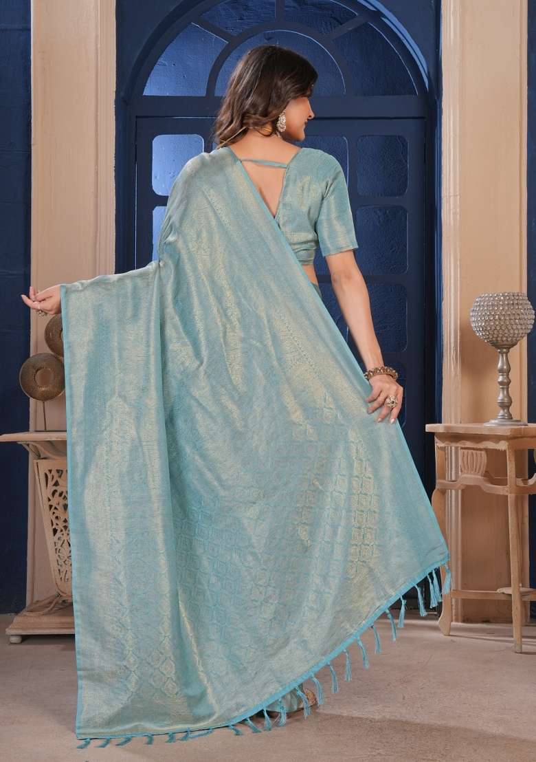 Sky Blue Silk Blend Saree Set with Zari Work for Diwali | Wedding & Festive Wear - Indya