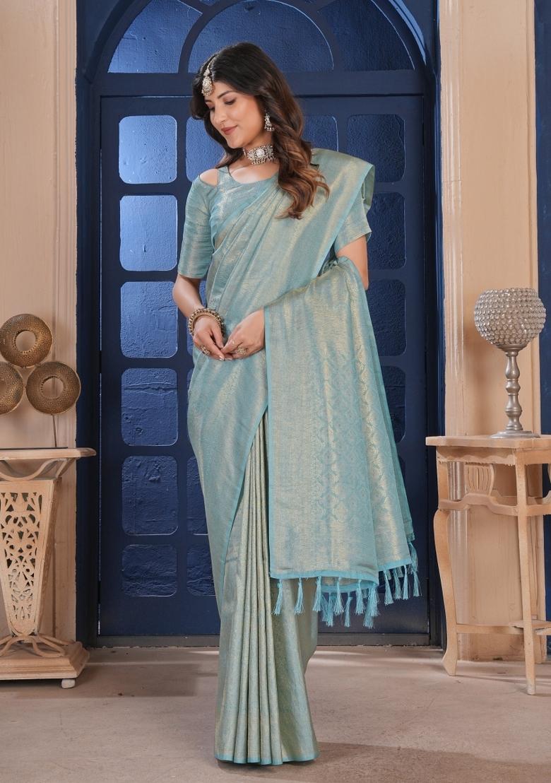 Sky Blue Zari Work Silk Saree Set - Indya