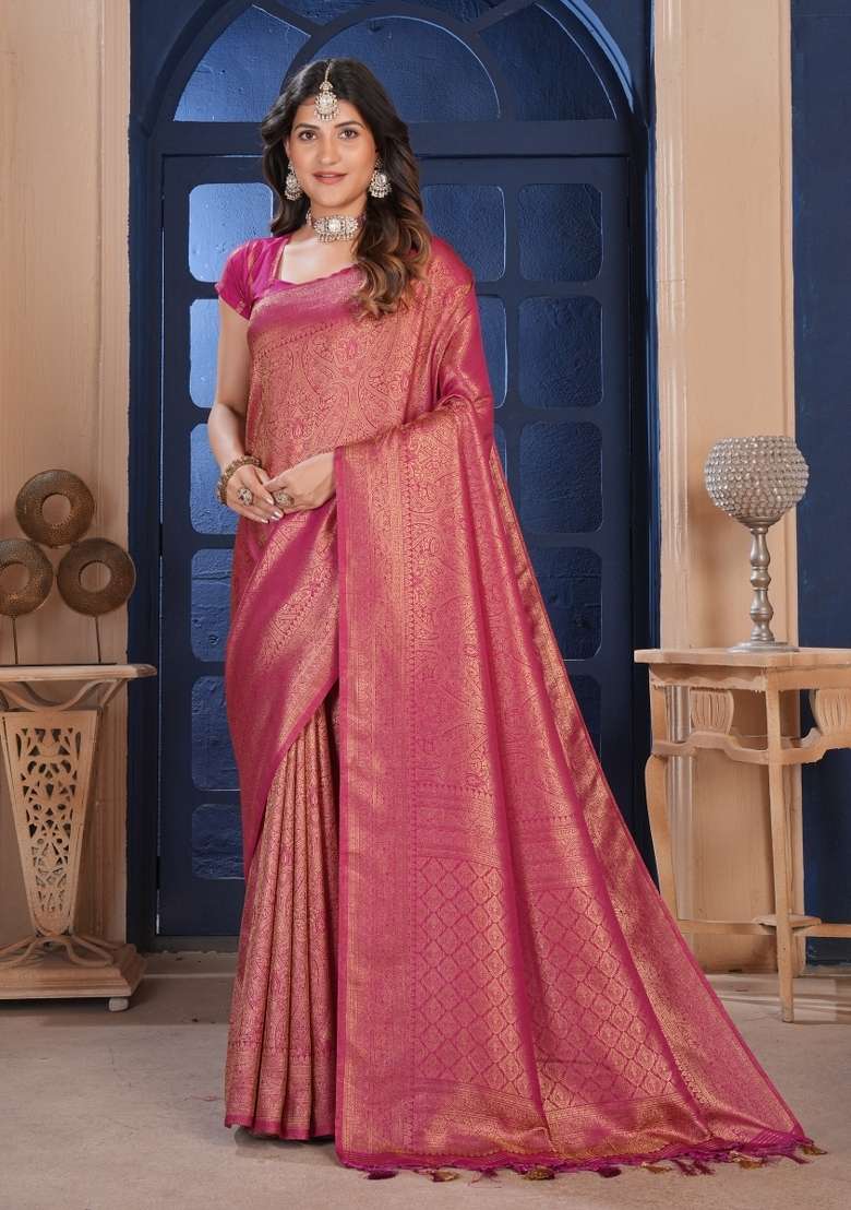 Pink Silk Blend Saree Set with Zari Work for Diwali | Wedding & Festive Wear - Indya