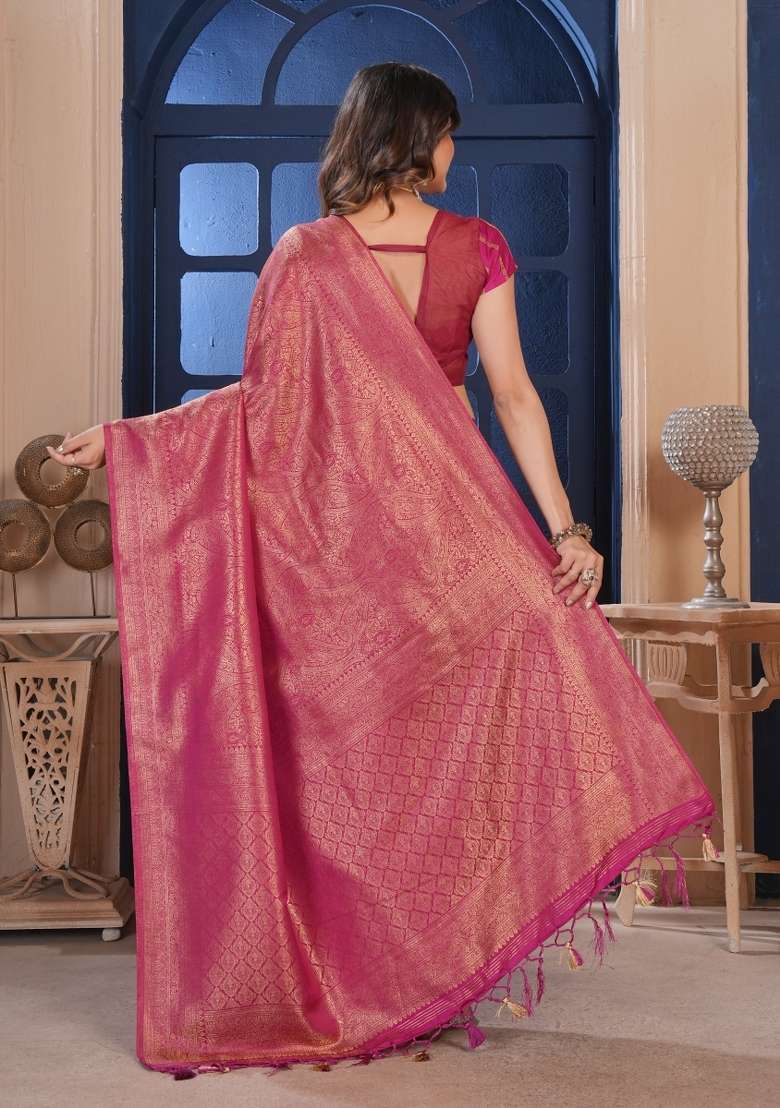 Pink Silk Blend Saree Set with Zari Work for Diwali | Wedding & Festive Wear - Indya