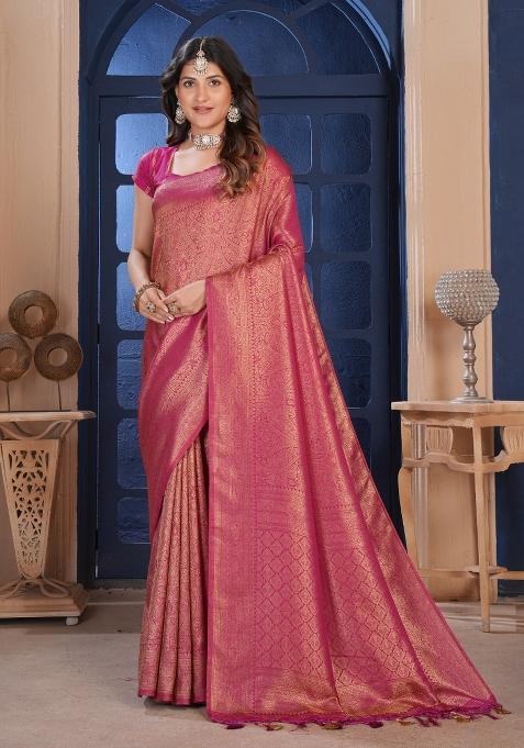 Pink Zari Work Silk Blend Saree Set