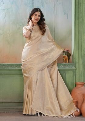 Cream Zari Work Silk Saree Set
