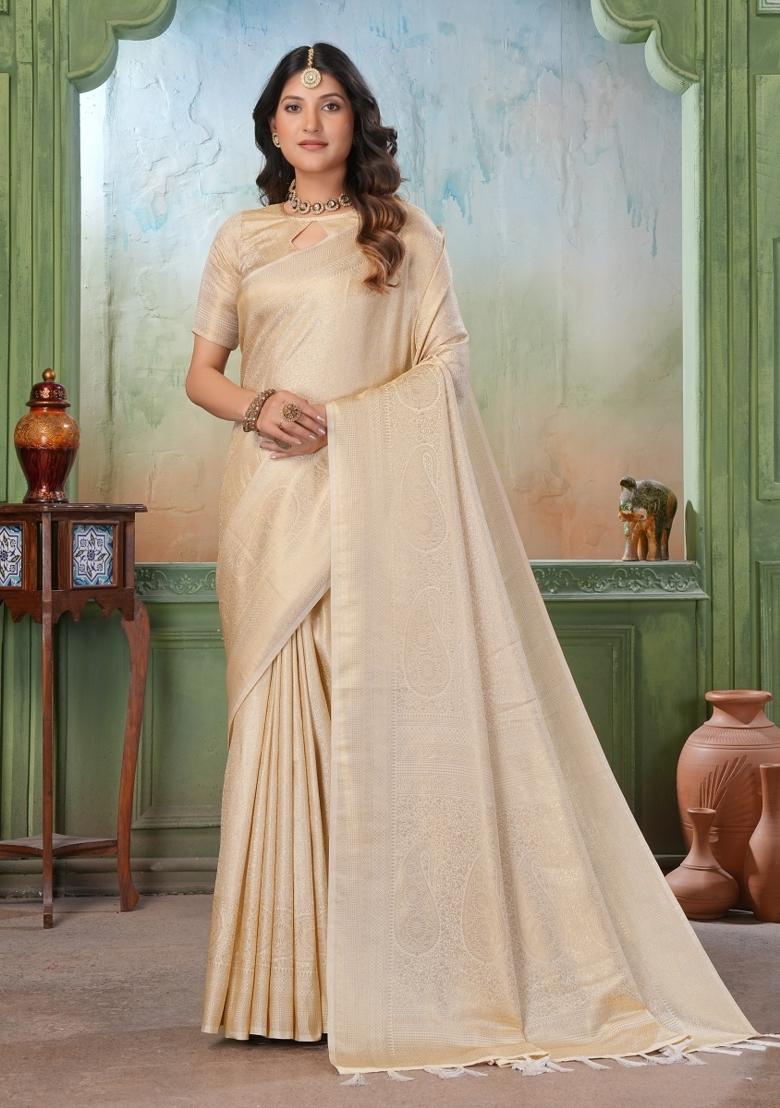 Cream Zari Work Silk Saree Set - Indya