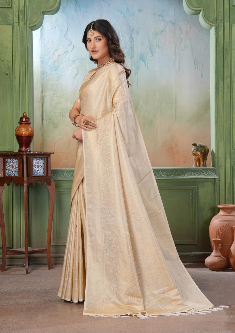 Cream Zari Work Silk Saree Set - Indya