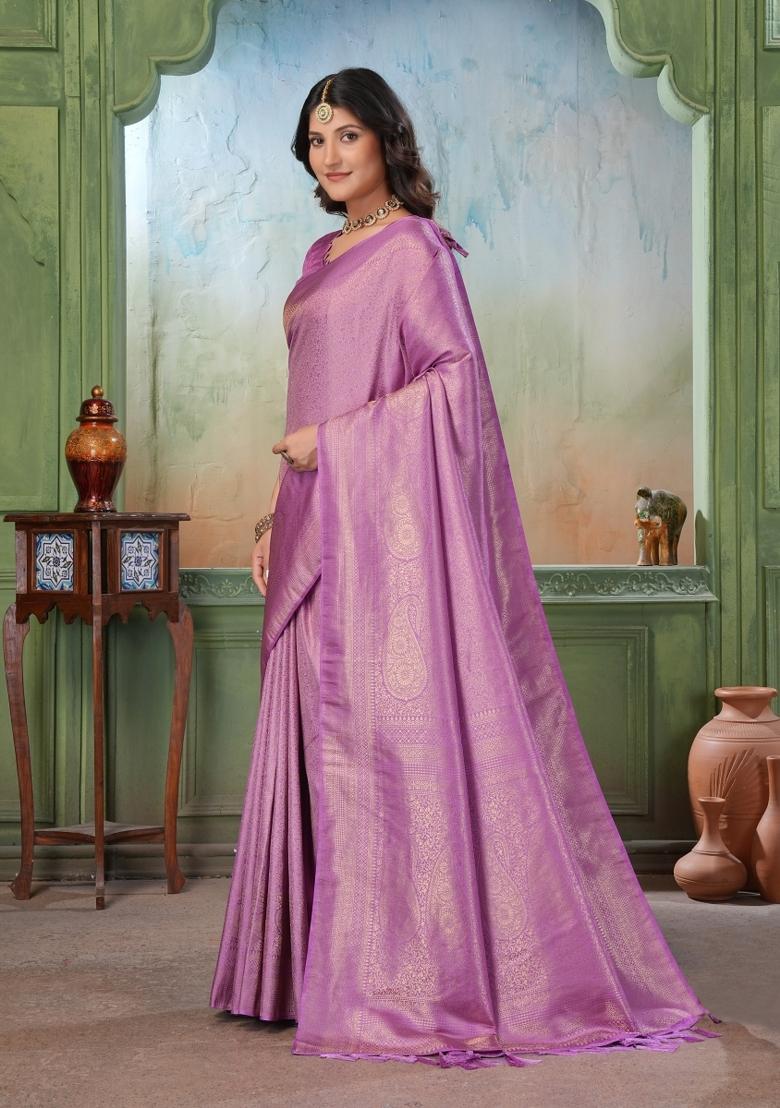 Purple Zari Work Silk Saree Set - Indya