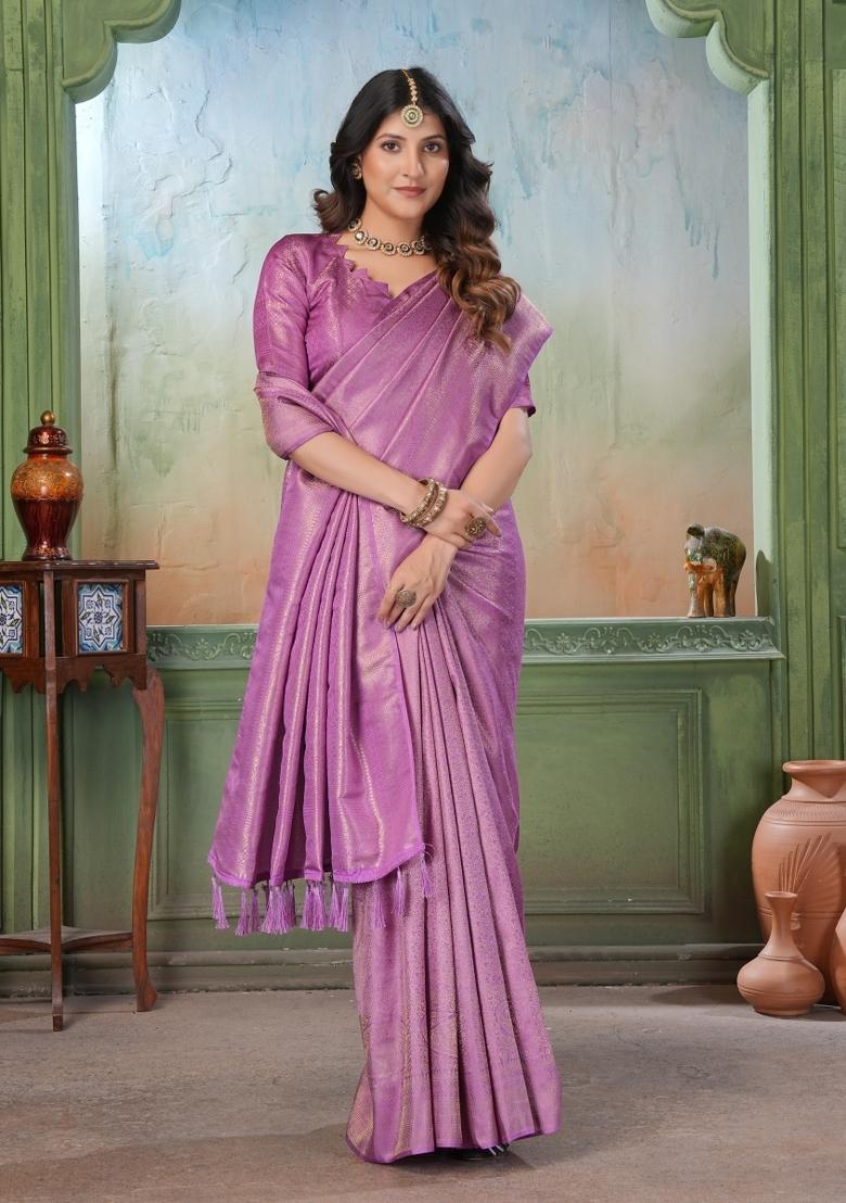 Purple Zari Work Silk Saree Set - Indya