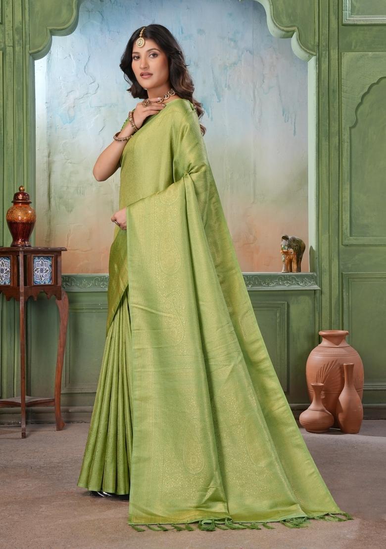 Green Zari Work Silk Saree Set - Indya
