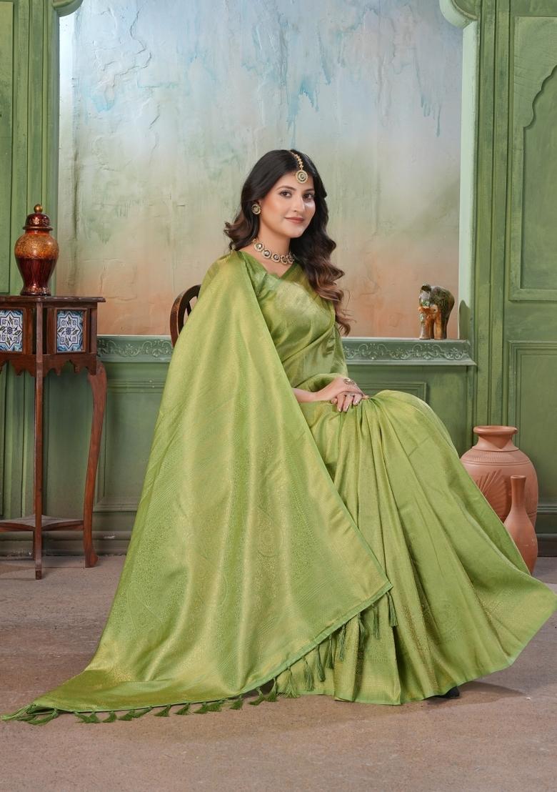 Green Zari Work Silk Saree Set - Indya