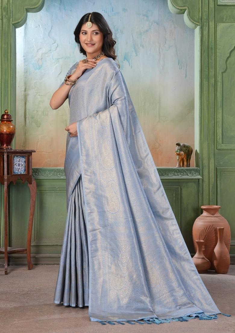 Blue Zari Work Silk Saree Set - Indya