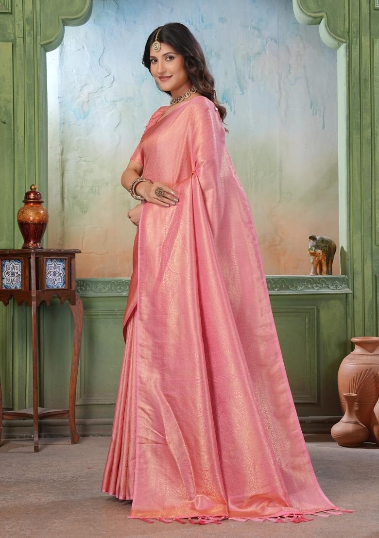 Peach Zari Work Silk Saree Set - Indya