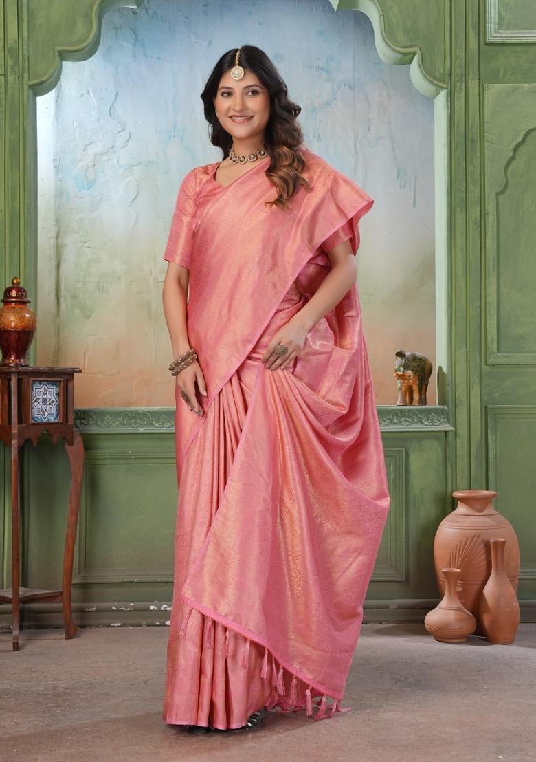Peach Zari Work Silk Saree Set - Indya