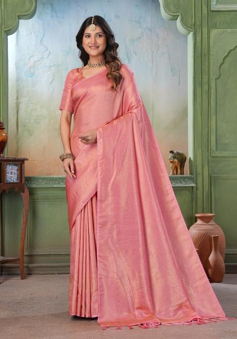 Peach Zari Work Silk Saree Set