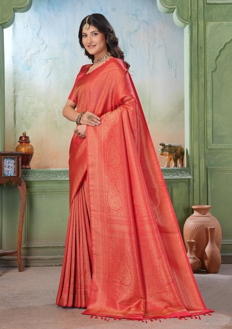 Red Zari Work Silk Saree Set - Indya