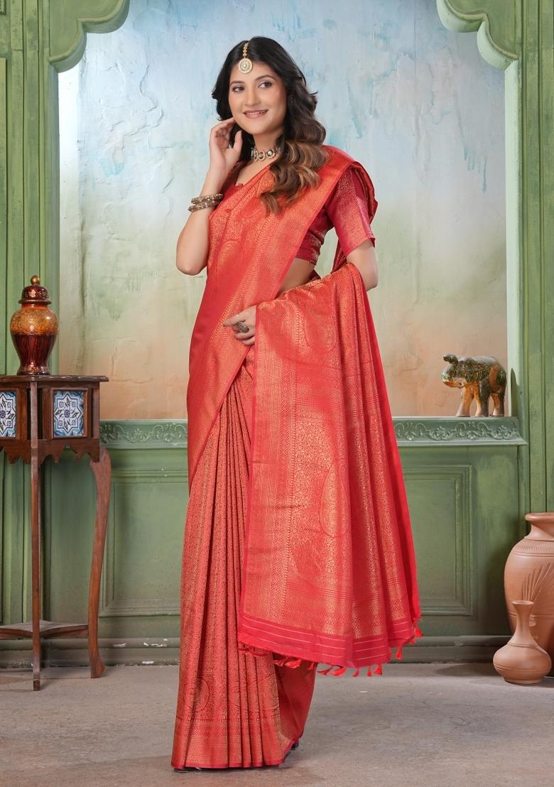 Red Zari Work Silk Saree Set - Indya