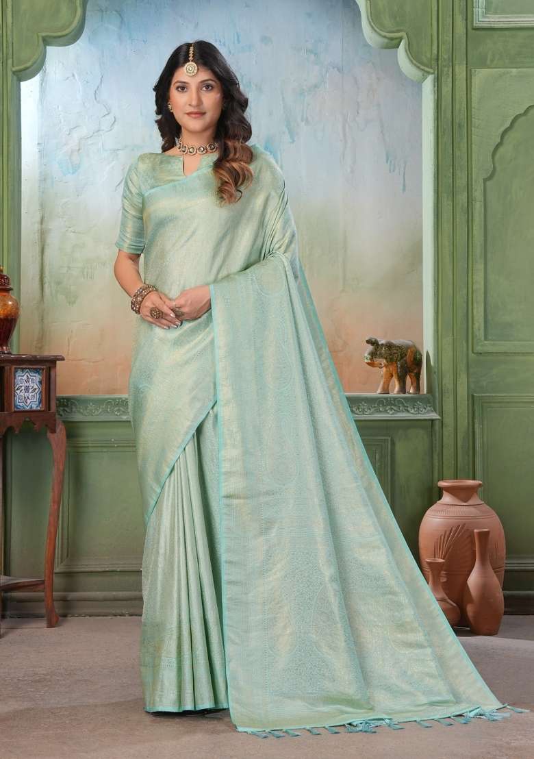 Light Blue Silk Blend Saree Set with Zari Work for Diwali | Wedding & Festive Wear - Indya