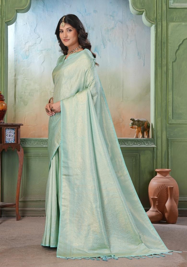 Light Blue Zari Work Silk Saree Set - Indya