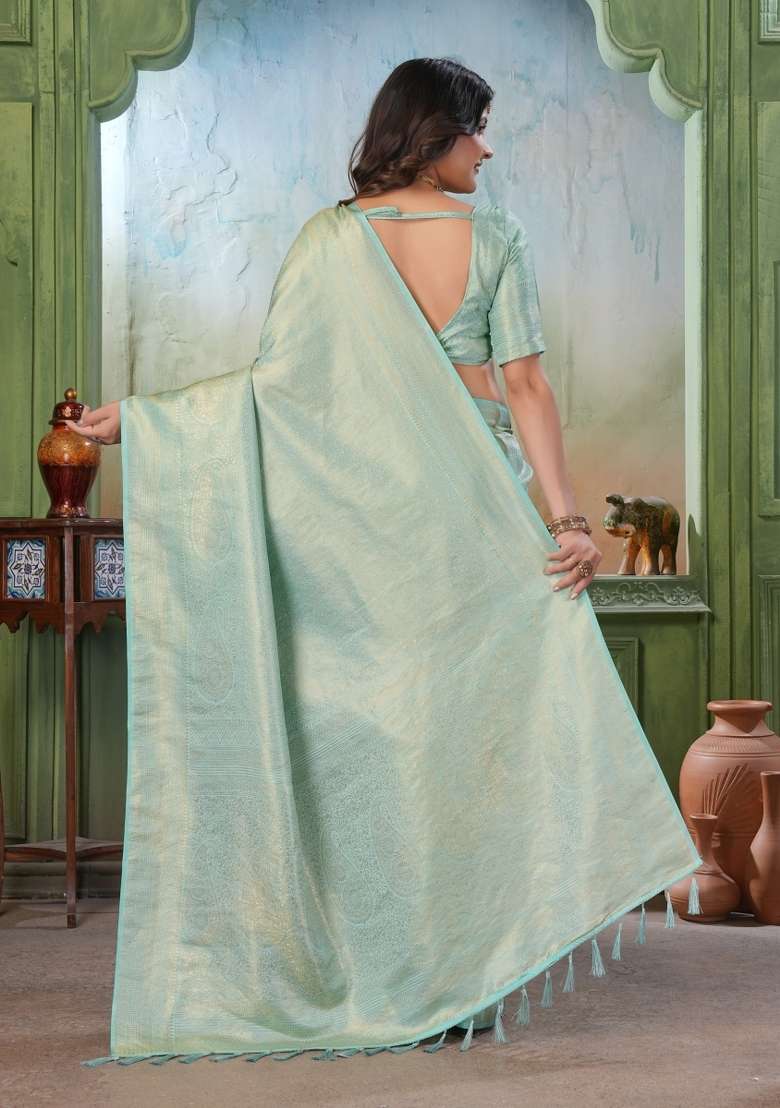 Light Blue Silk Blend Saree Set with Zari Work for Diwali | Wedding & Festive Wear - Indya