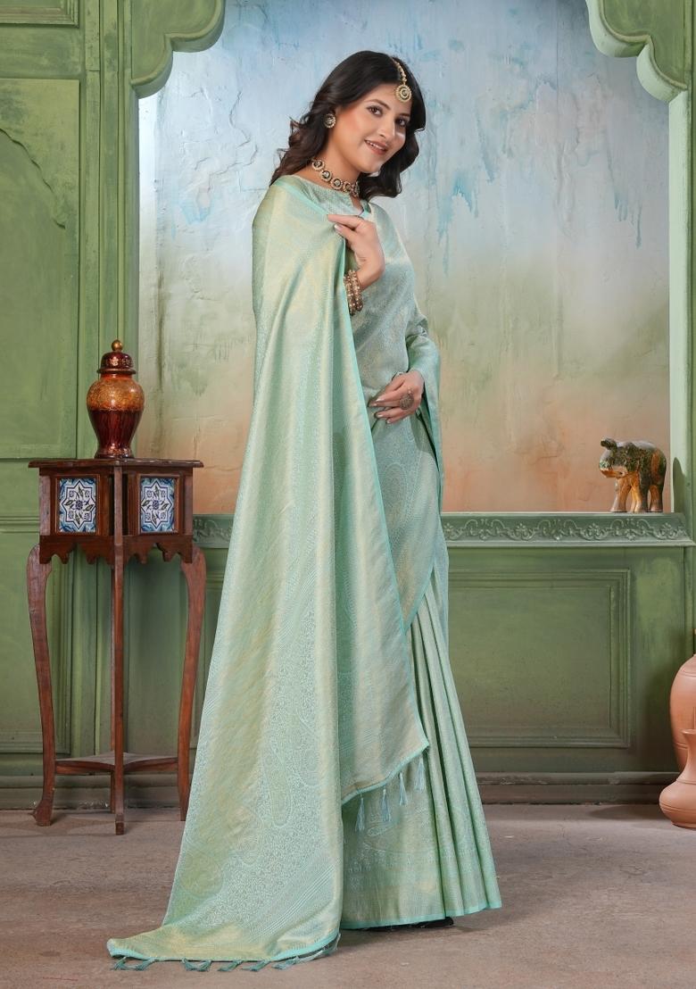 Light Blue Zari Work Silk Saree Set - Indya