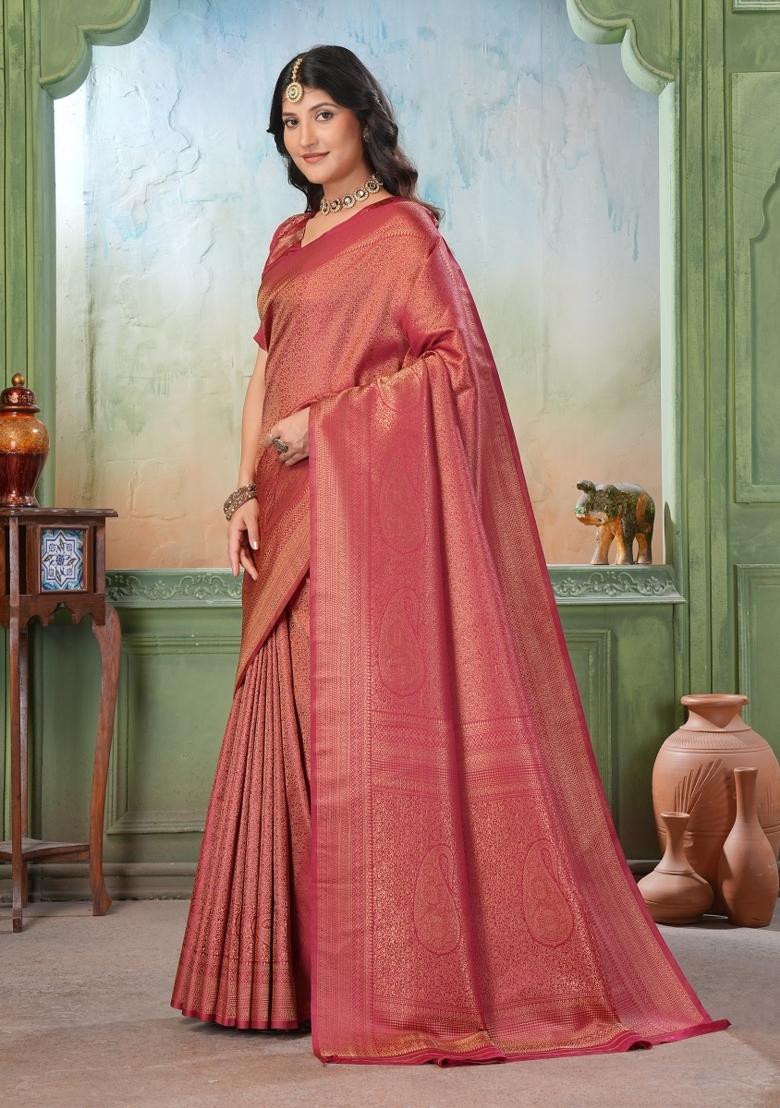Maroon Zari Work Silk Saree Set - Indya