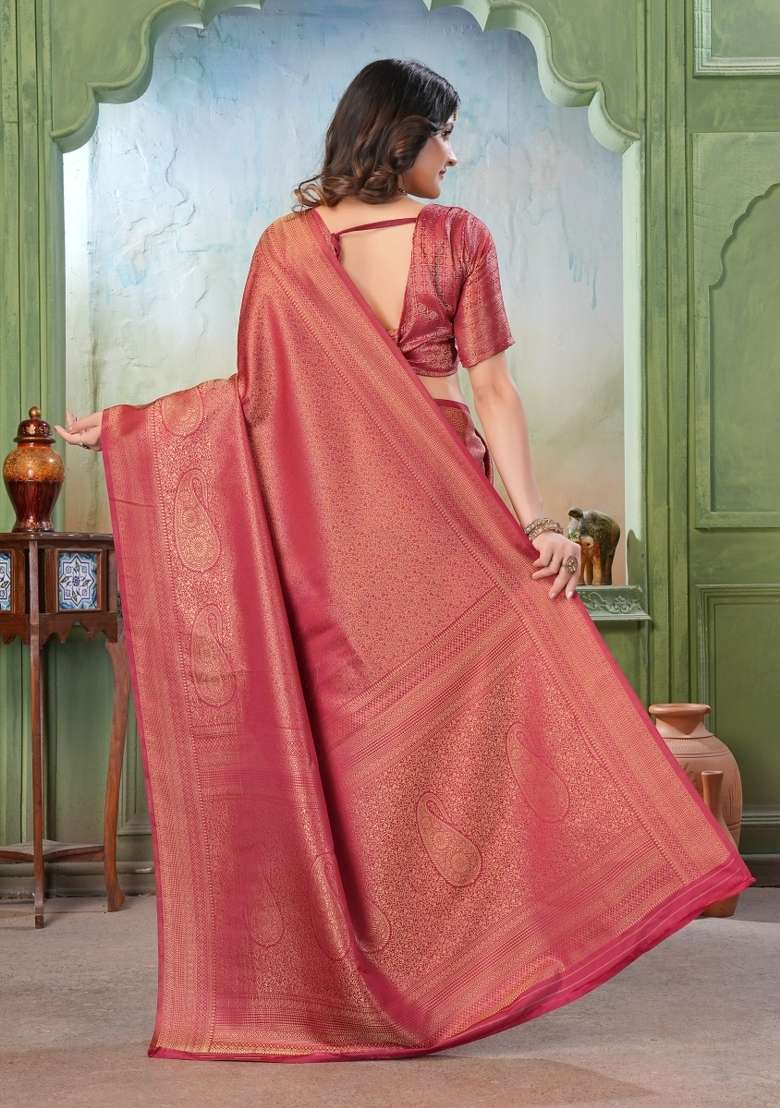 Maroon Zari Work Silk Blend Saree Set for Diwali and Festive Wear - Indya