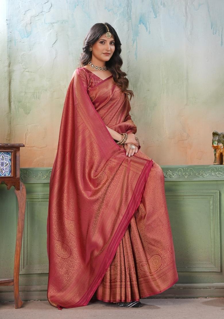 Maroon Zari Work Silk Saree Set - Indya