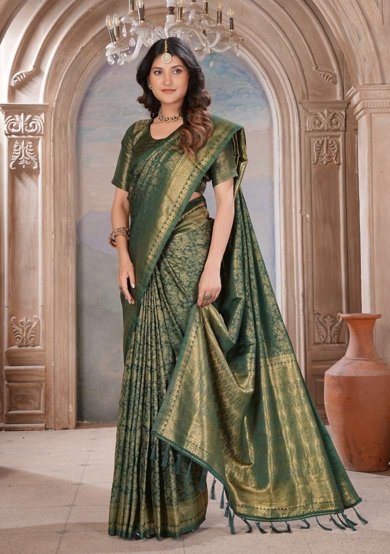 Green Zari Work Silk Blend Saree Set for Diwali and Festive Wear - Indya