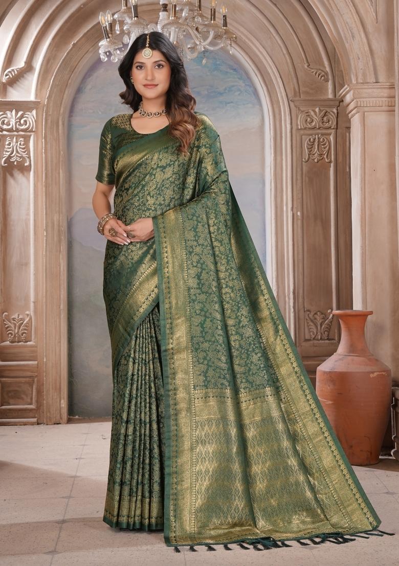 Green Zari Work Silk Saree Set - Indya