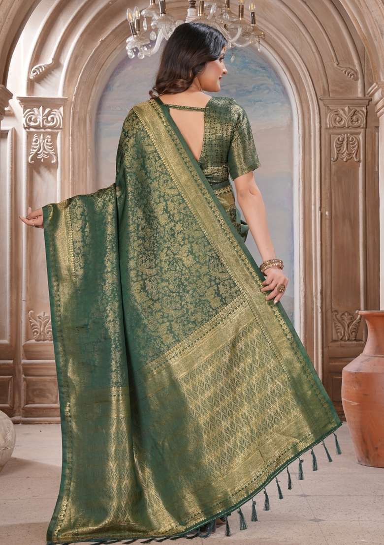 Green Zari Work Silk Blend Saree Set for Diwali and Festive Wear - Indya